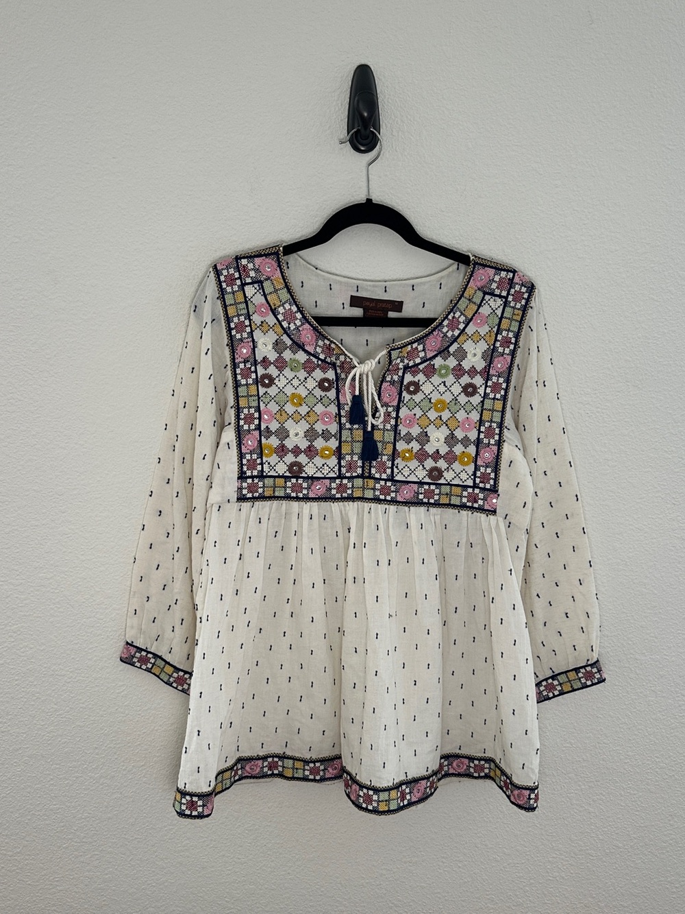 Payal Pratap Embroidered Tunic Women Medium White Peplum‎ Mirror Tassel Boho Top